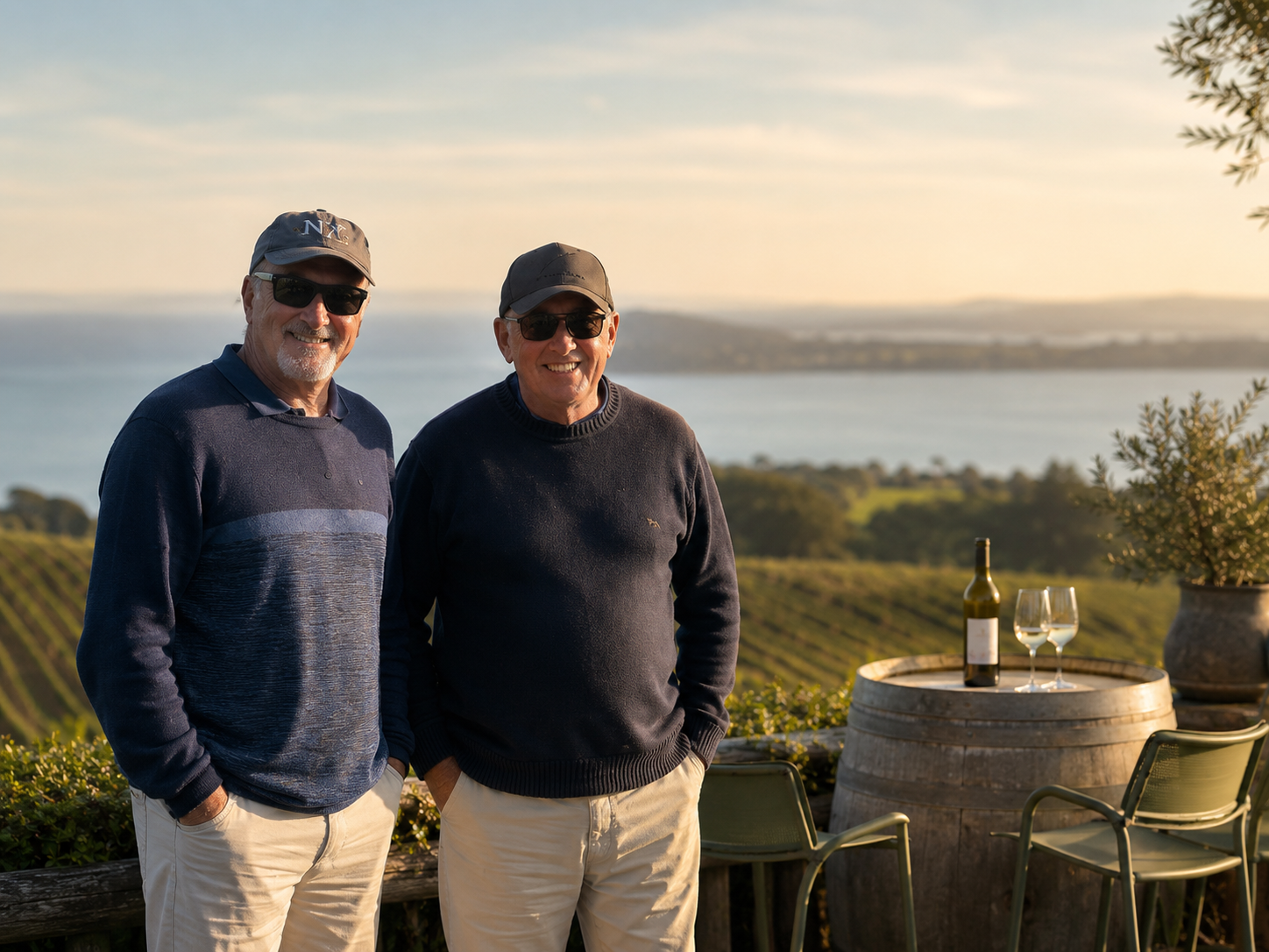 Colin and Richard walking a coastal vineyard path